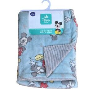 Disney Mickey Mouse Baby Blanket Blue Reversible Ribbed Gray Cozy Baby Gift New